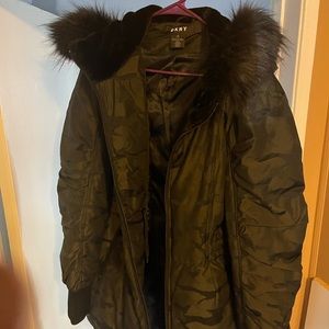 Camouflage jacket with faux fur hood